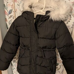 Kids Black Puffer Jacket with Faux Fur Hood